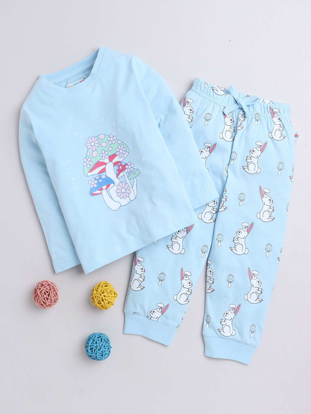 BUMZEE Sky Blue Girls Full Sleeves T-Shirt & Pyjama Set - Thumbnail
