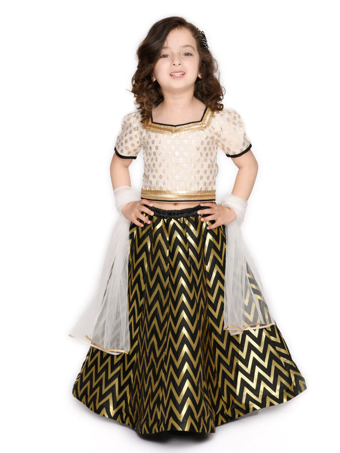 Saka Designs Black Jaquard & Cream Poly Chanderi Lehenga Choli With Tassel Work - Thumbnail
