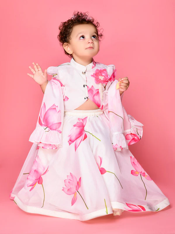 SAKA DESIGNS Girl Ivory Floral Print Lehenga Choli with Dupatta - Thumbnail