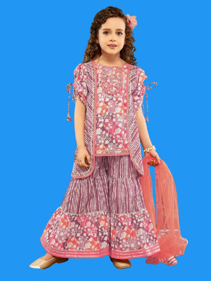 Enfance Three Fourth Sleeves Leheriya Designed & Gota Lace Embellished Coordinating Pure Cotton Kurta & Sharara Set - Peach - Thumbnail