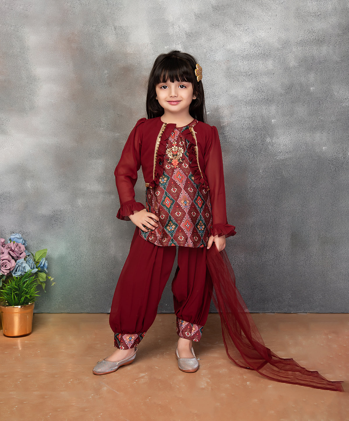 Enfance Cotton Woven Full Sleeves Kurti Palazzo And Dupatta With Ikat Print - Maroon - Thumbnail