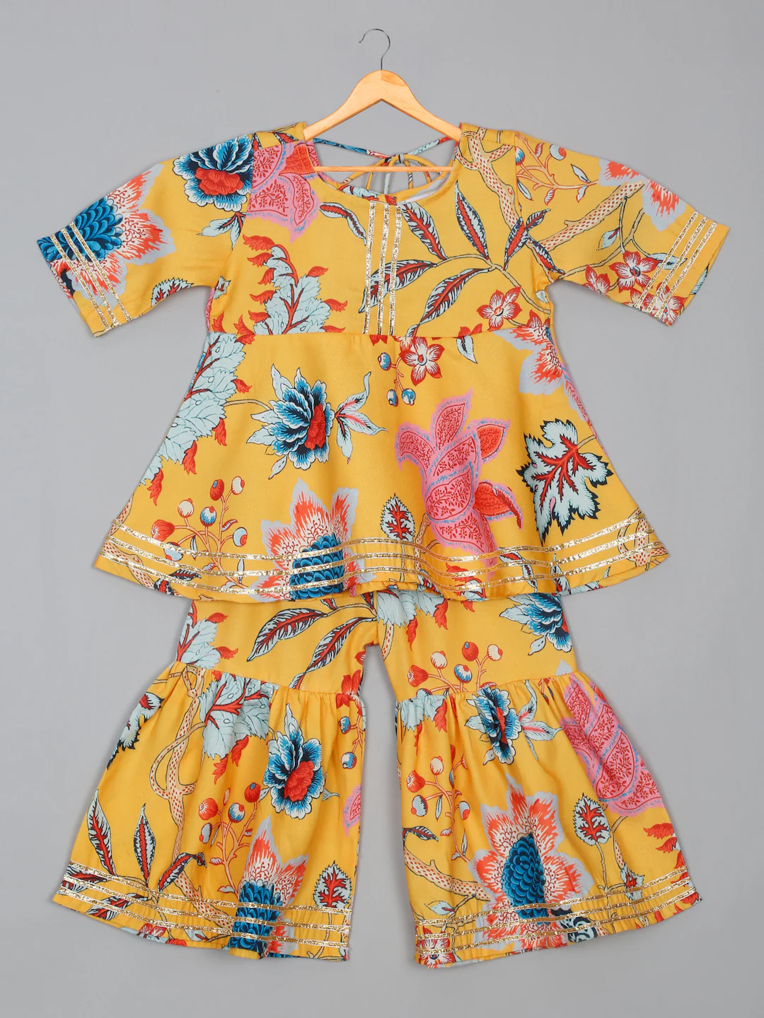 Saka Designs Floral Yellow Sharara Kurta For Girls - Thumbnail
