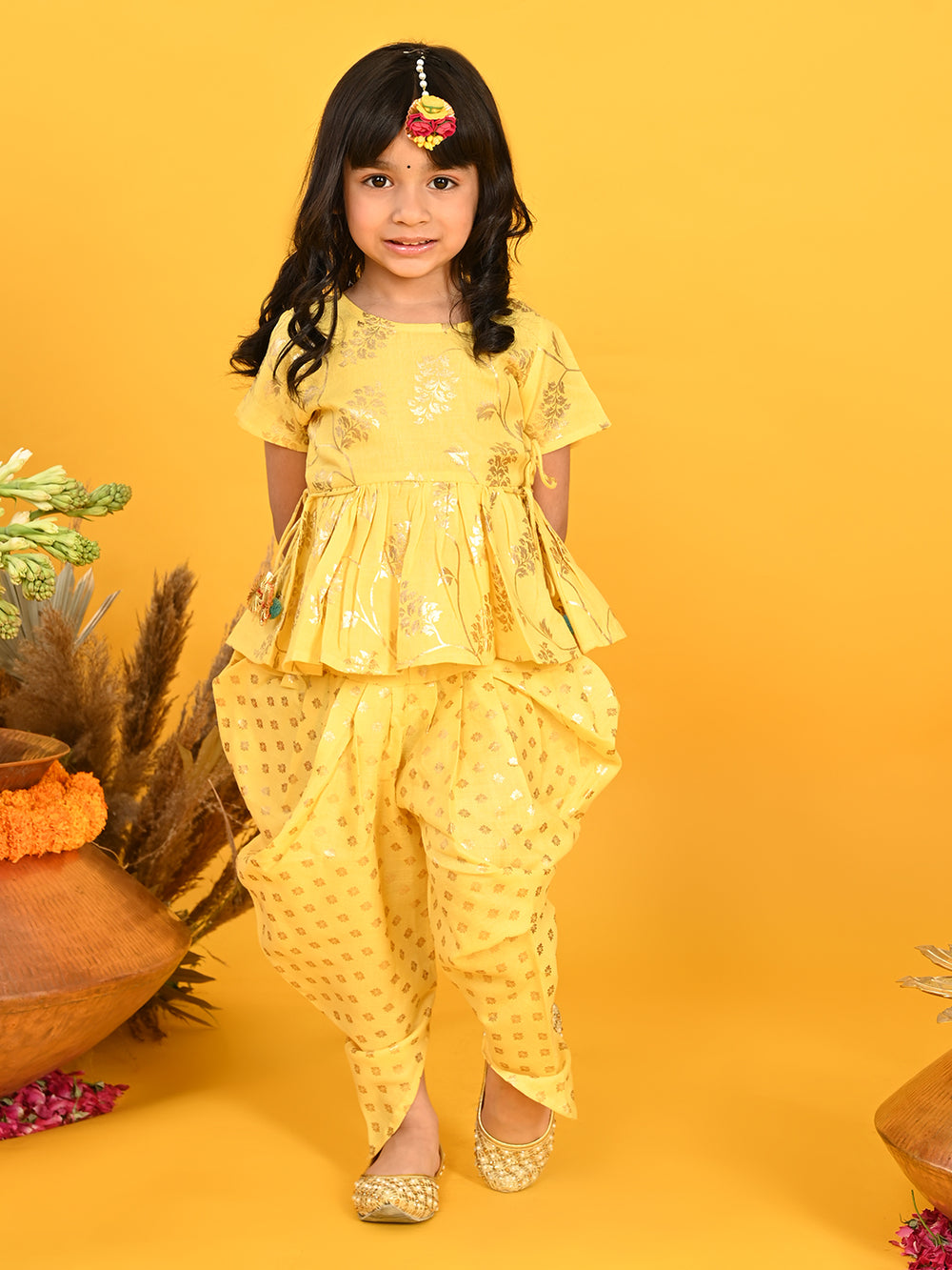 Saka Designs Yellow With Gold Print Dhoti Jhabala - Thumbnail
