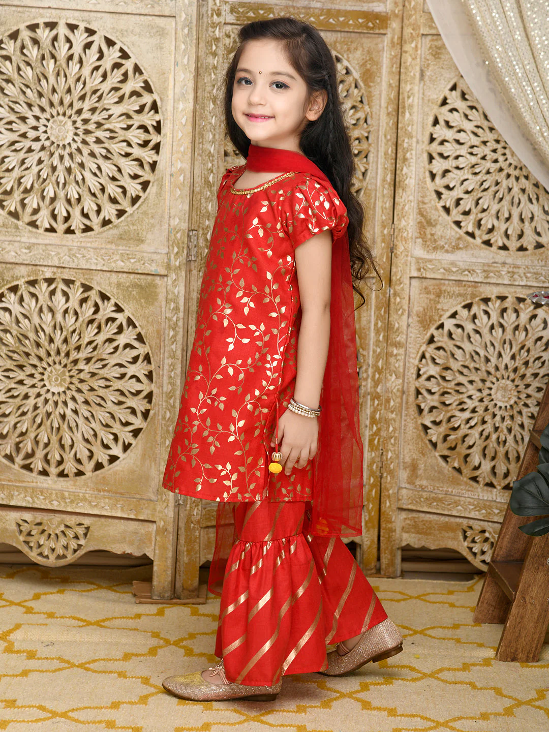 Saka Designs Red & Gold All Over Print Sharara & Kurta Set - Thumbnail