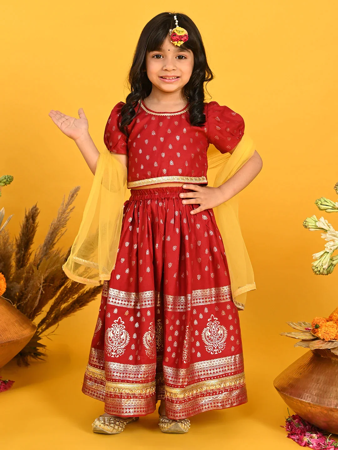 Saka Designs Girls Gold Printed Lehenga Choli With Dupatta - Maroon - Thumbnail