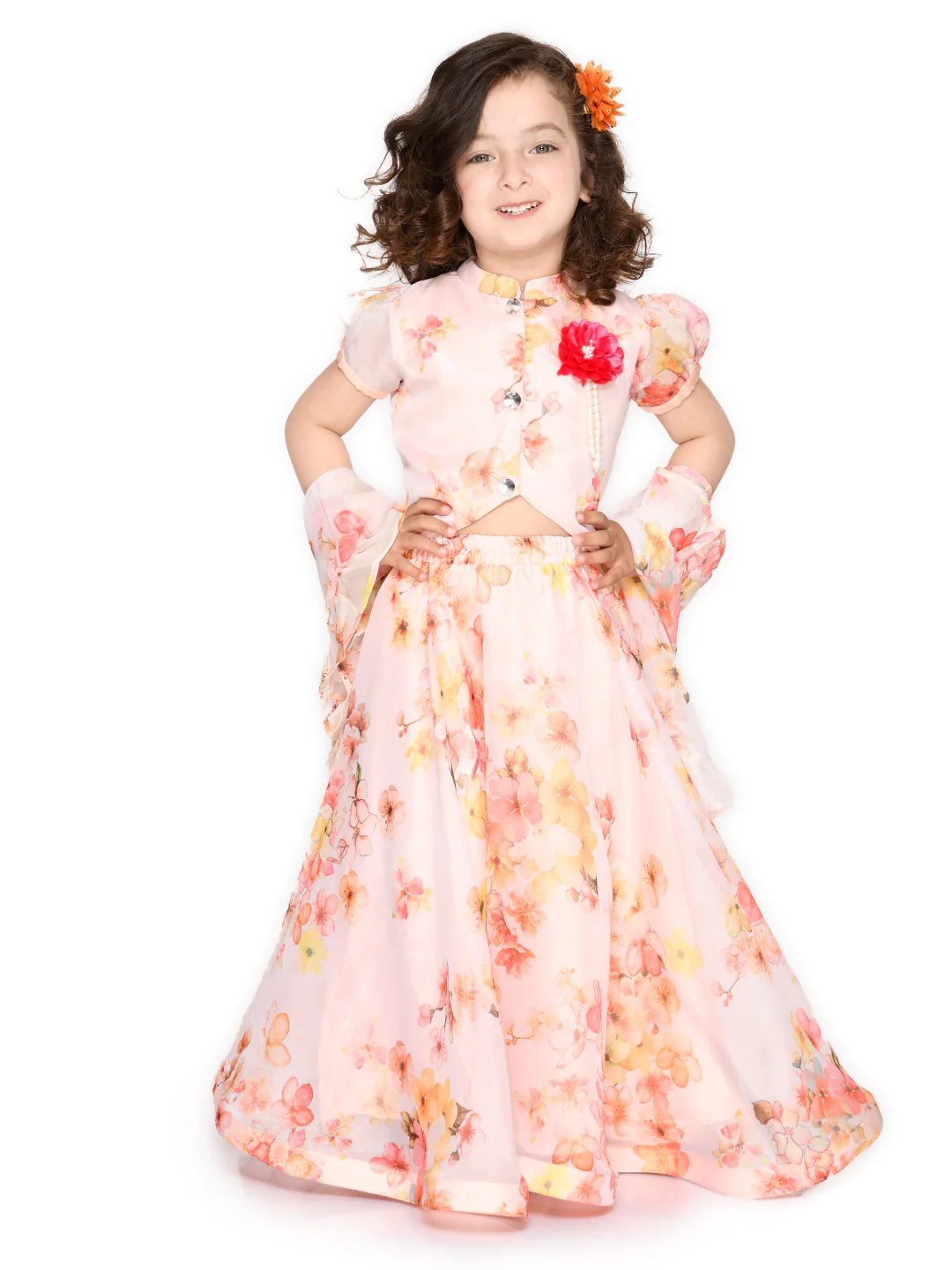 SAKA DESIGNS Girl Ivory Floral Print Lehenga Choli with Dupatta - Thumbnail