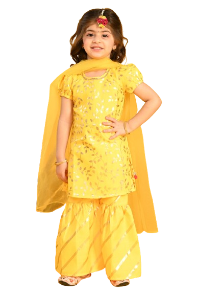 Saka Designs Girls Yellow Printed Kurta Sharara With Dupatta - Thumbnail