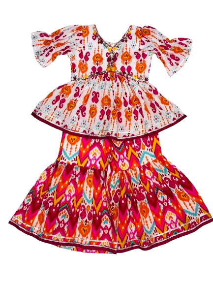 enfance-three-fourth-sleeves-floral-printed-sequin-embellished-kurta-sharara-set-pink - Thumbnail