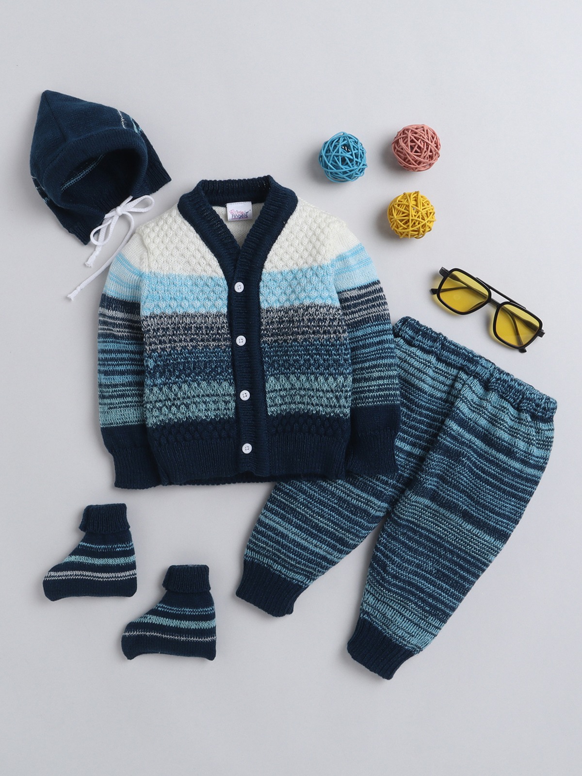Little angel navy+blue sweater set-with woolen pant for boys & girl-Multi strip - Thumbnail