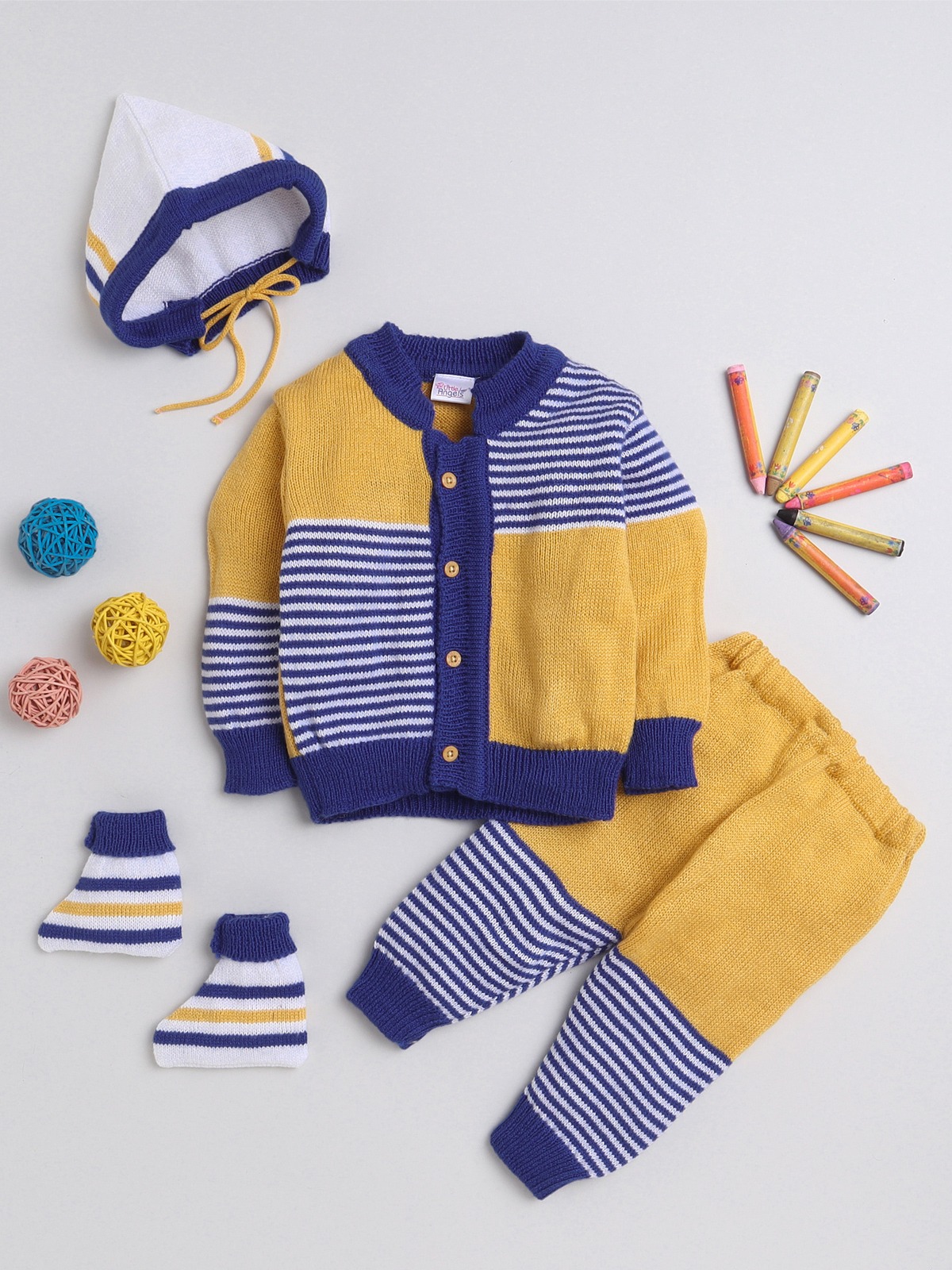 Little angel Royal blue+ mustred sweater set with woolen pant -colorblock - Thumbnail
