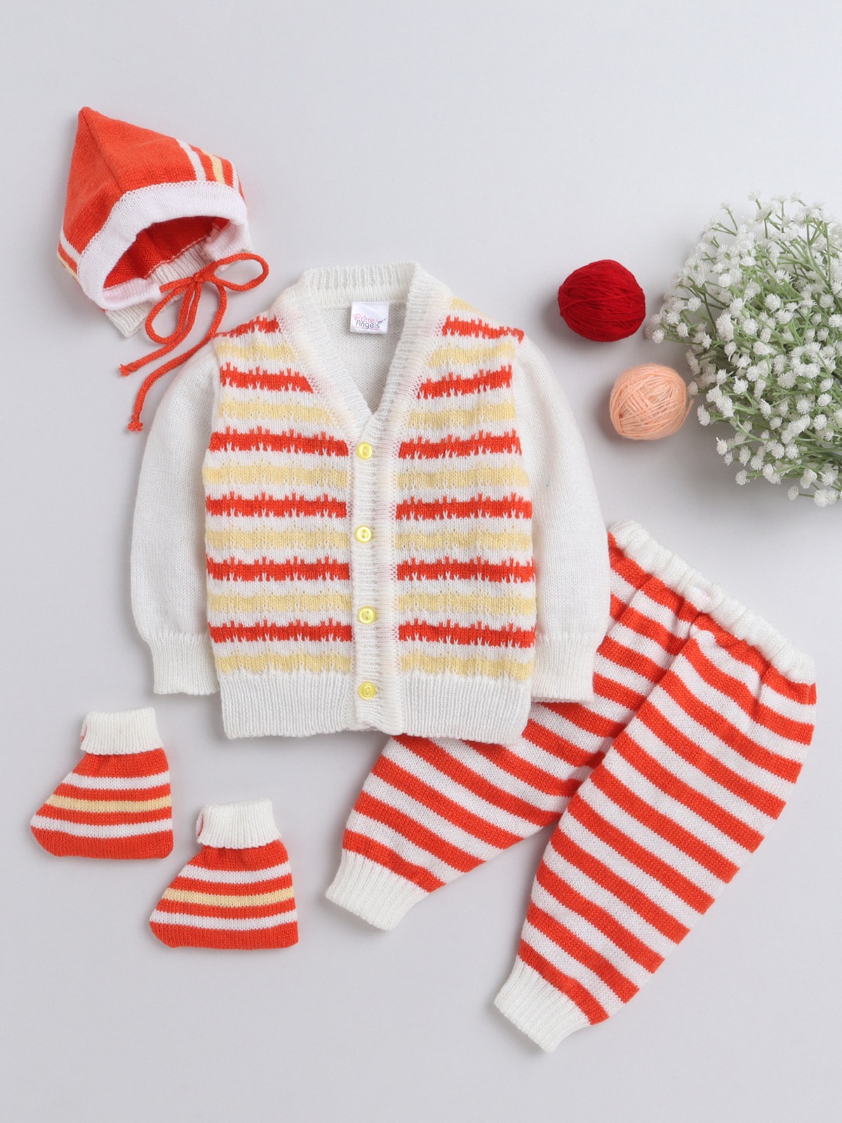 Little angel sweater set with woolen pant White+orange -strip pattern - Thumbnail
