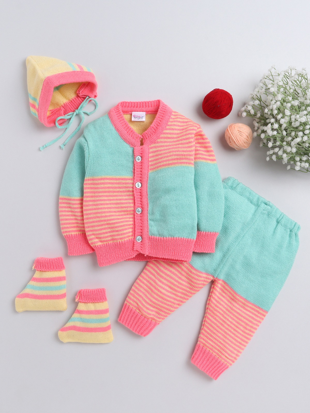 Little angel Green +neon pink sweater set with woolen pant for boys & girl -colorblock strip pattern - Thumbnail