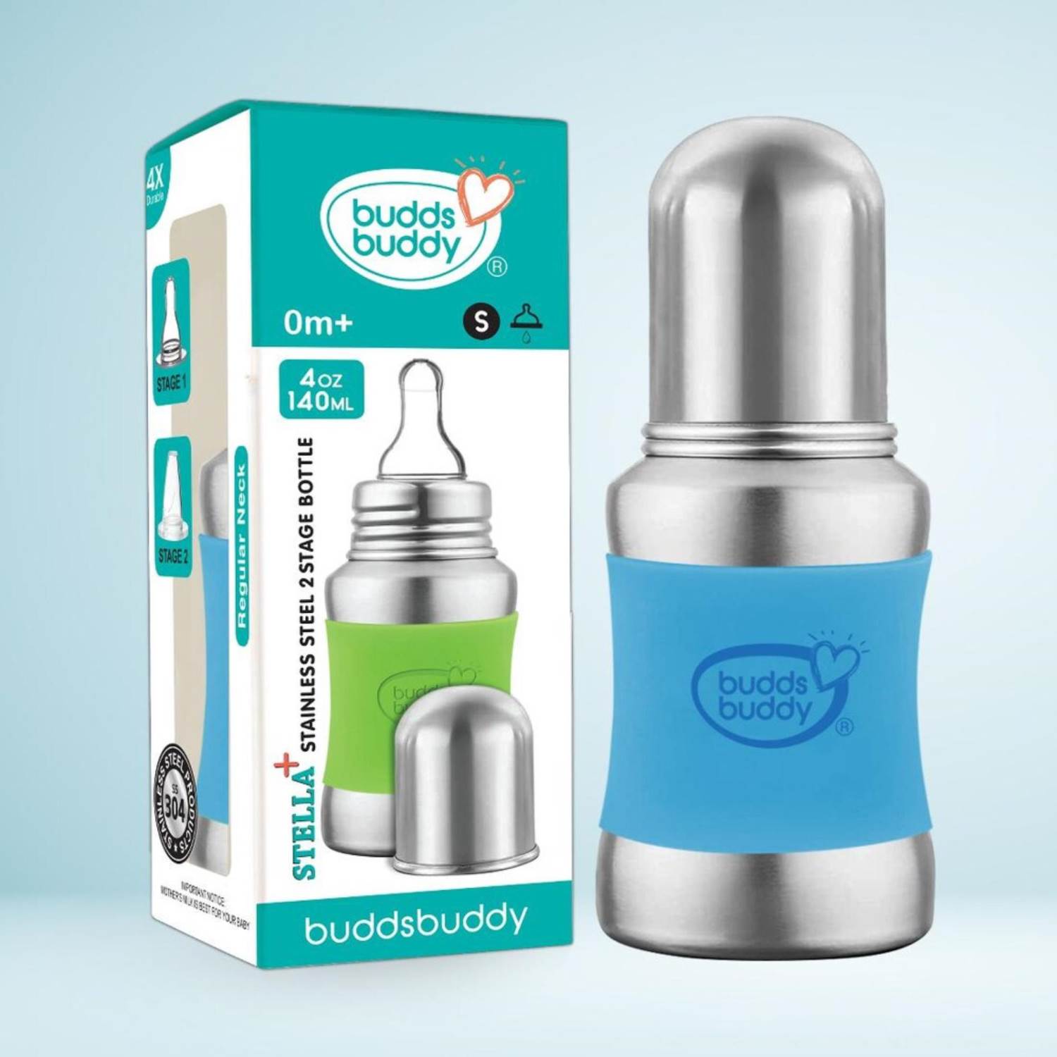 Buddsbuddy Stella Plus Stainless Steel Regular Neck Baby Feeding Bottle With Extra Spout Sipper 140ml Blue - Thumbnail