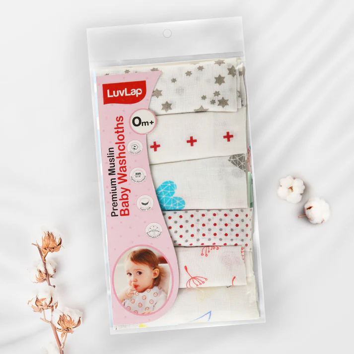 Luvlap Premium Baby Washcloth for New Born, 6 Pcs, Dots, Hearts Print - Thumbnail