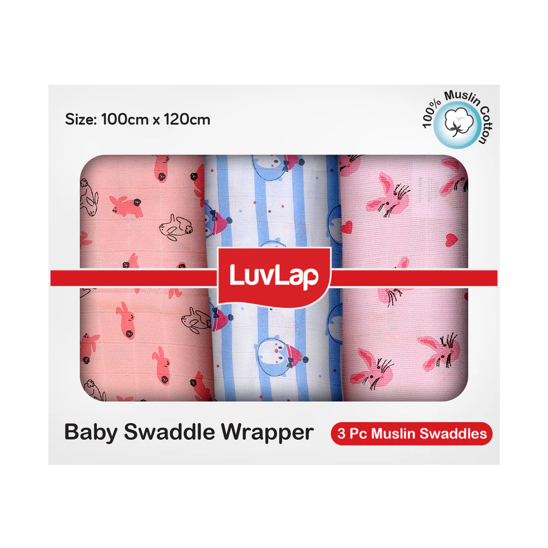 Luvlap 100% Cotton Muslin Baby Swaddles set, Penguin Rabbit Print, 0-18 Month+, Pack of 3 - Thumbnail