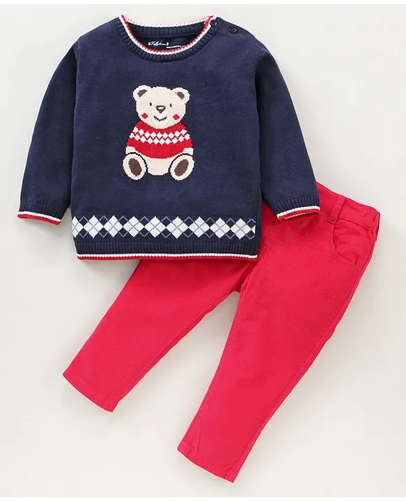 ToffyHouse Full Sleeves Sweater & Corduroy Pant - Navy Blue Red - Thumbnail