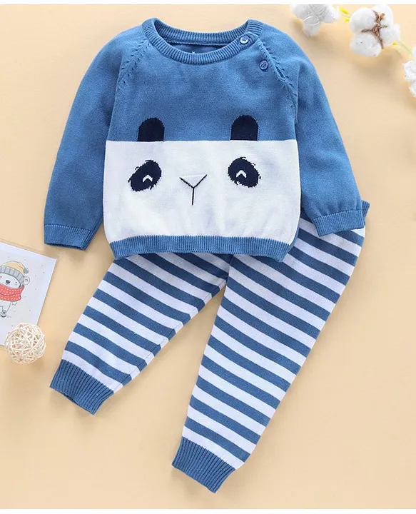 ToffyHouse Full Sleeves T-Shirt & Lounge Pant Winter Wear - Blue & White - Thumbnail